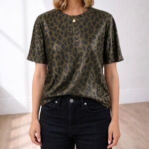 Ganni Leopard Print Metallic Short Sleeve Top Olive Drab T2829 Size 42 L